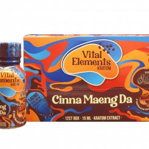 Buy Vital Elements Kratom Extract Shot Cinna Maeng Da, a 12-count box of 2oz bottles of potent kratom extract with Cinna and Maeng Da strains, packaged for individual serving.