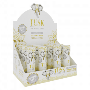 "Image of Tusk Kratom Shot 300mg (12ct Box) in Vanilla Coffee flavor, with a warm beige background and a stylized coffee cup logo."