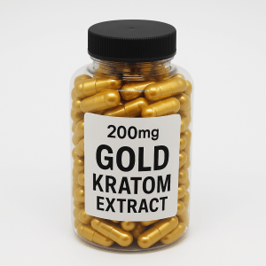 "Sealed bottle of 100 NZT 200mg Gold Kratom Extract Capsules, a dietary supplement."