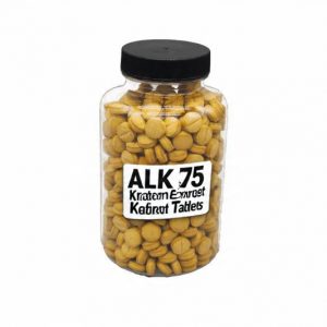 "Bottle of ALK 75 Kratom Extract Tablets, containing 100 tablets, with a white label."