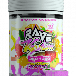 "One bottle of Rave Boost (Strawberry Lemonade)Kratom Extract Gummies featuring 10 high-potency gummies with 25mg kratom and 25mg kanna, flavor-labeled and securely sealed."